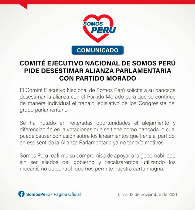 Alianza Somos Perú - Partido Morado se rompe en el Congreso
