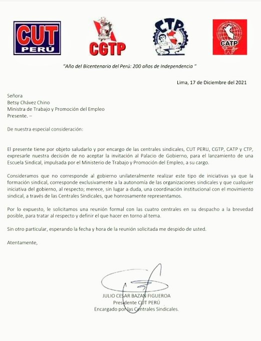 Confederación de Trabajadores del Perú (CTP) no acudió a invitación del gobierno para lanzamiento de Escuela Nacional de Estudios Sindicales