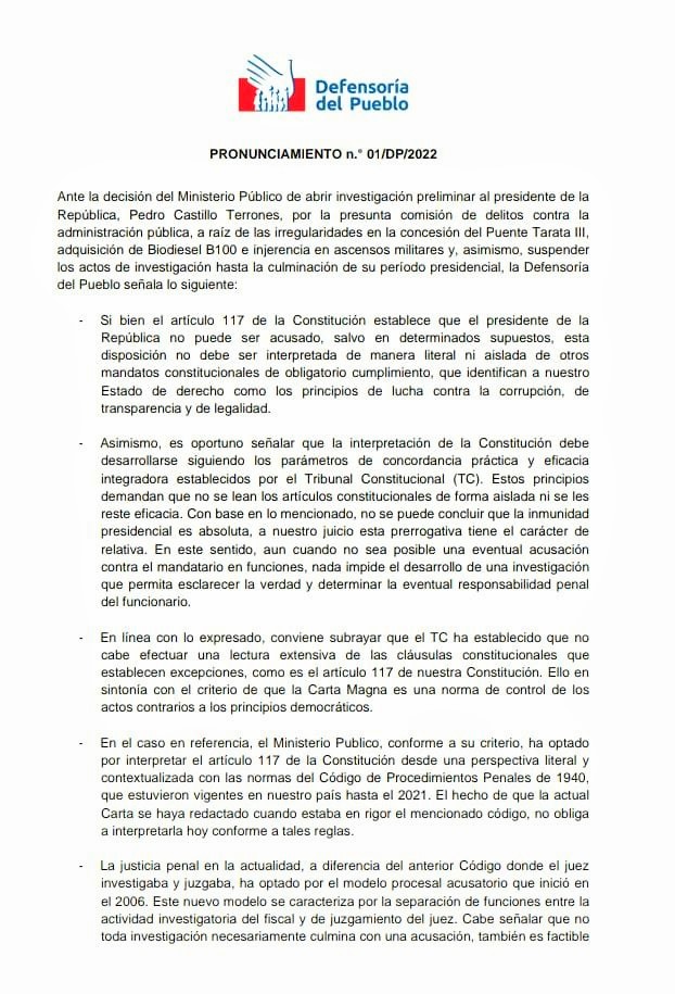 Mediante pronunciamiento, Defensoría le enmienda la plana a  Fiscalía de la Nación sobre suspensión de investigación a Pedro Castillo