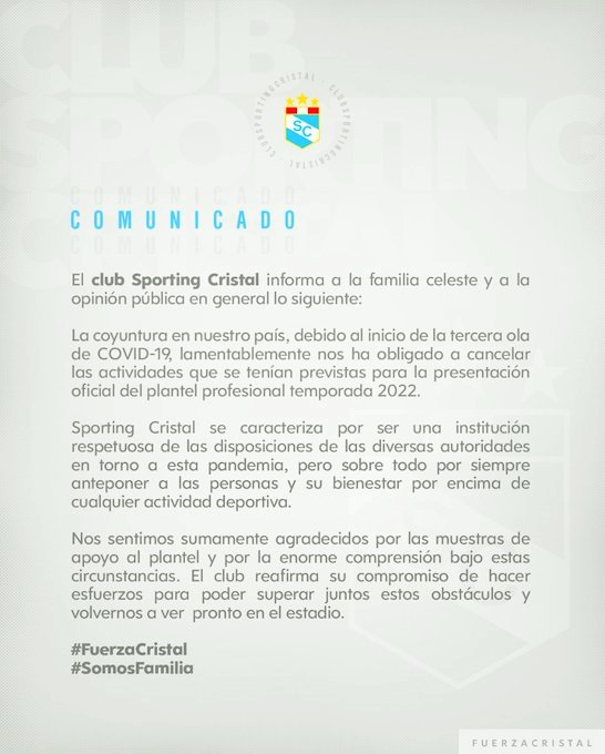 Club Sporting Cristal cancela presentación de plantel por Covid 19