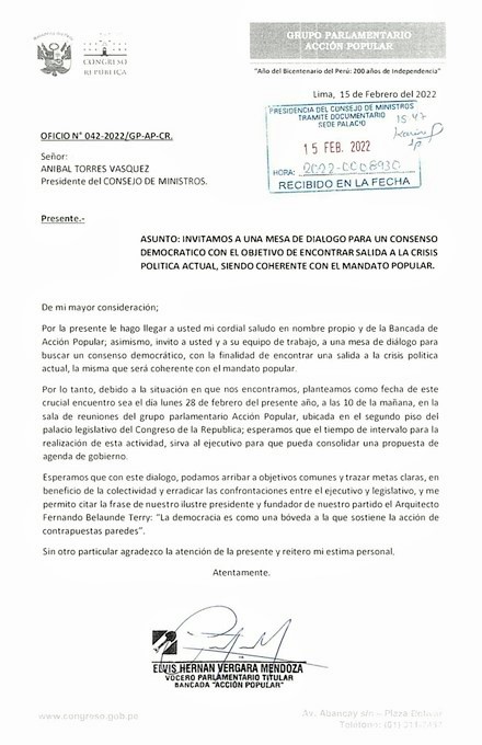 Bancada de AP propone Mesa de Diálogo con titular de PCM para salir de crisis política