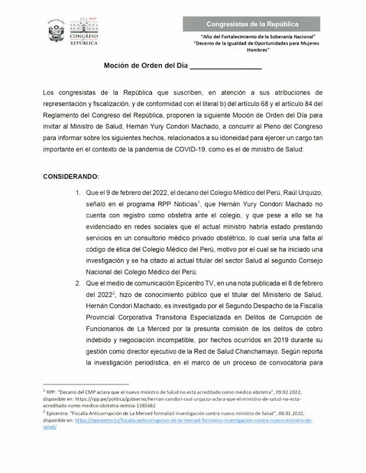 Bancada Morada cita a titular de Minsa al pleno para que explique cuestionamientos en su contra