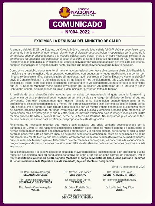 Colegio Médico del Perú exige a presidente Castillo renuncia de Ministro de Salud por no reunir las condiciones para el cargoOMNDICIONES