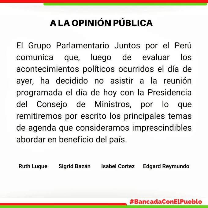 Bancada de Juntos por el Perú se niega a conversar con premier Torres