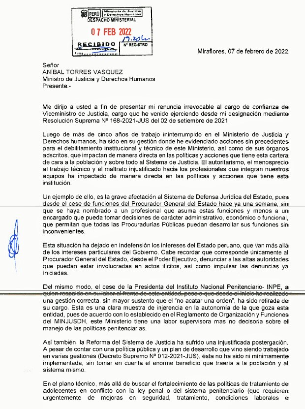 Viceministro de Justicia renuncia por autoritarismo y desprecio al personal de ministro Aníbal Torres