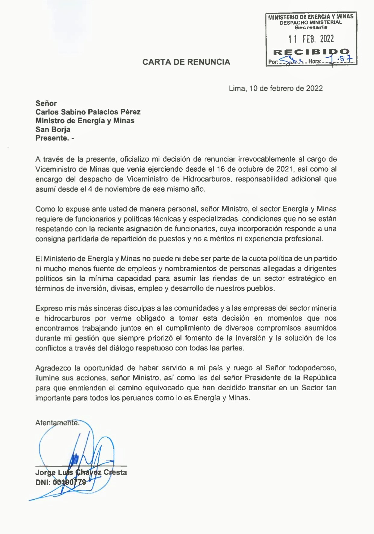 Jorge Chávez renuncia a viceministerio de Energía y Minas por haberse convertido el Minem en cuota política