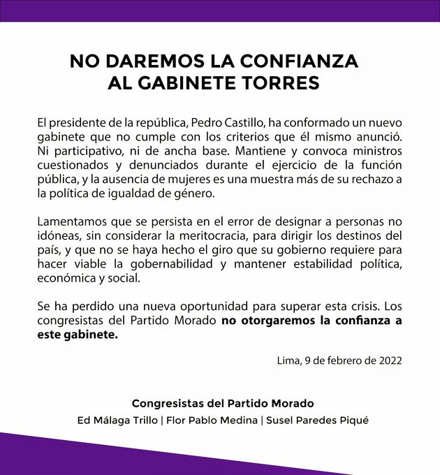 Bancada Morada no dará confianza a gabinete Torres por tener personas con serios cuestionamientos