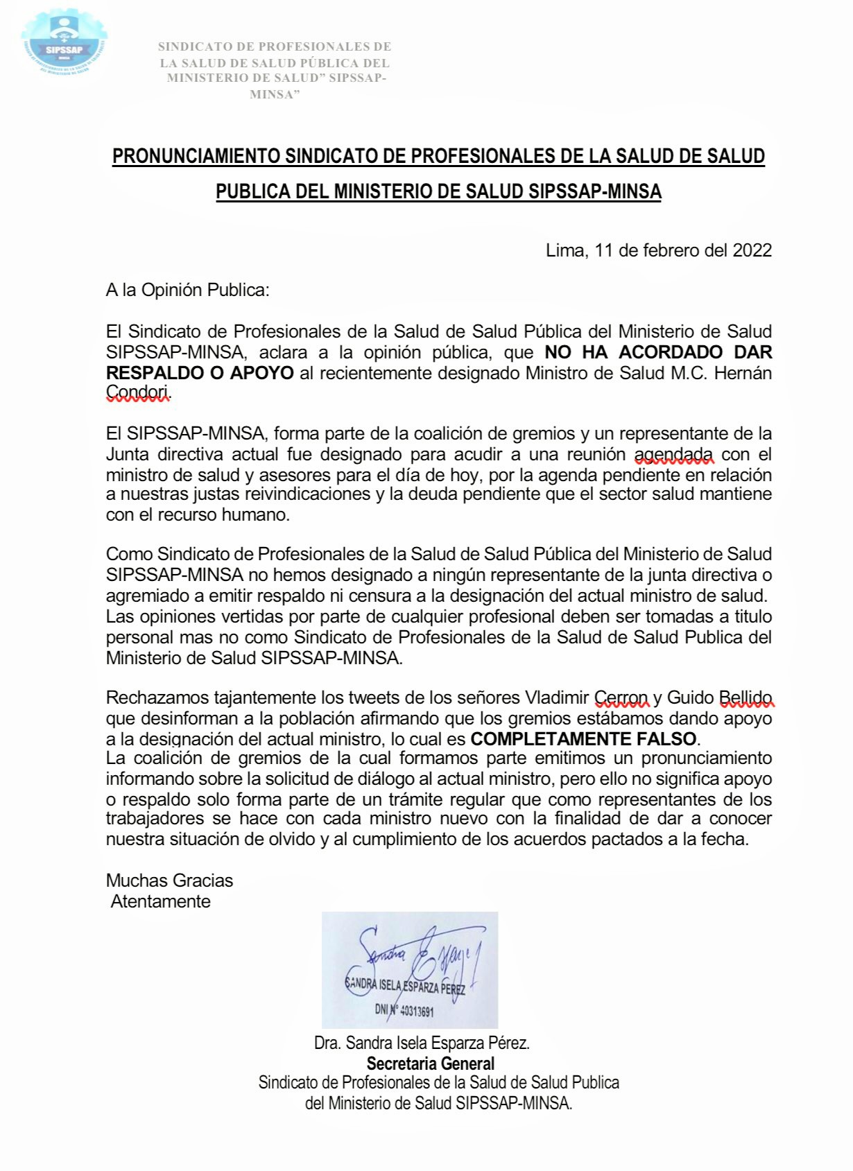Sindicatos de sector salud desmienten a Vladimir Cerrón y Guido Bellido sobre apoyo sindical a ministro Condori