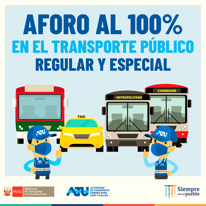 MTC: Aforo al 100 % en el transporte regular y especial como taxis, turístico, de trabajadores y estudiantes