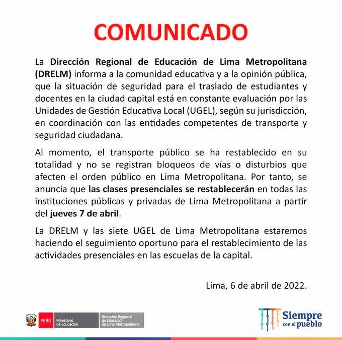 Clases presenciales se restablecerán en todos los colegios públicos y privados de Lima Metropolitana desde el jueves 7 de abril