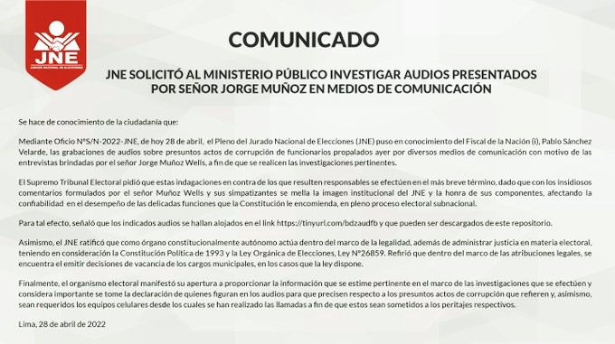 JNE solicita a Fiscalía investigar audios presentados por Jorge Muñoz en medios de comunicación