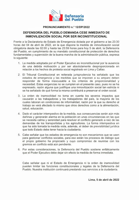Defensoría del Pueblo demanda cese inmediato de inmovilización social por ser inconstitucional