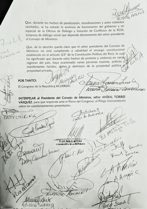 Legisladora Flor Pablo consigue firmas necesarias para presentar moción de interpelación a premier Aníbal Torres